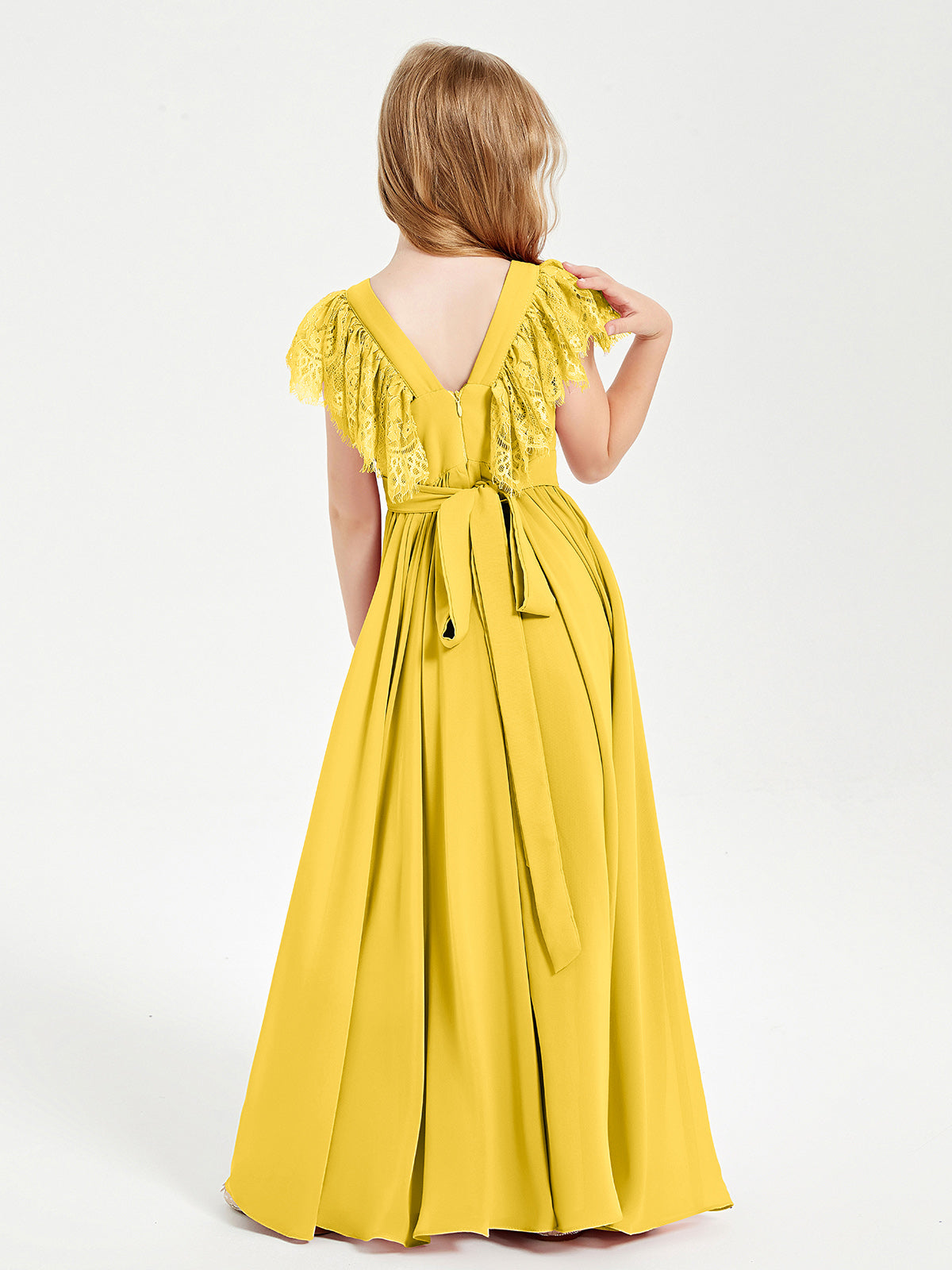 Chiffon Junior Bridesmaid Dresses with Lace Flutter Sleeves Marigold